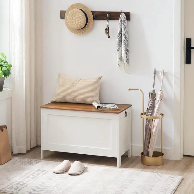 Alt view image 5 of 7 - Toy Box, Retro Wooden Look Storage Chest with Safety Hinge, Entryway Storage Bench Supports 220 lb, 29.9 x 15.7 x 18.9 Inches Toy Chest Organizer, Easy Assembly (White and Walnut) WH75CW01G1