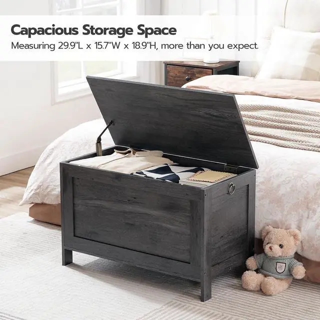 Alt view image 2 of 7 - Toy Box, Retro Wooden Look Storage Chest with Safety Hinge, Entryway Storage Bench Supports 220 lb, 29.9 x 15.7 x 18.9 Inches Toy Chest Organizer, Easy Assembly, Charcoal Black BC75CW01G1