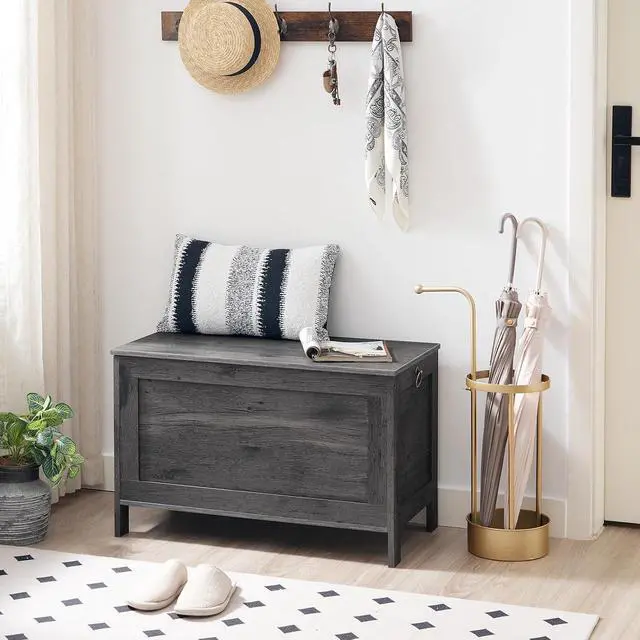 Alt view image 3 of 7 - Toy Box, Retro Wooden Look Storage Chest with Safety Hinge, Entryway Storage Bench Supports 220 lb, 29.9 x 15.7 x 18.9 Inches Toy Chest Organizer, Easy Assembly, Charcoal Black BC75CW01G1