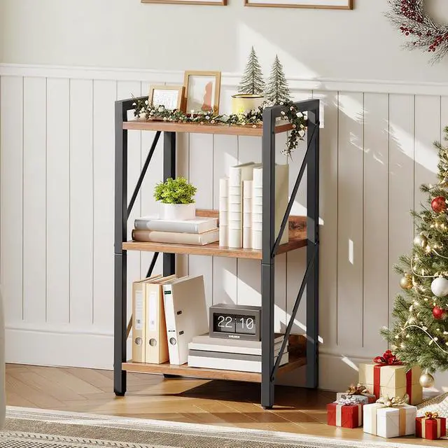 Alt view image 2 of 7 - Bookshelf, 3-Tier Industrial Bookcase, Book Shelf Storage Organizer, Small Bookshelf with Metal Frame for Living Room, Bedroom, Home Office, Kitchen, Rustic Brown and Black BF71SJ01