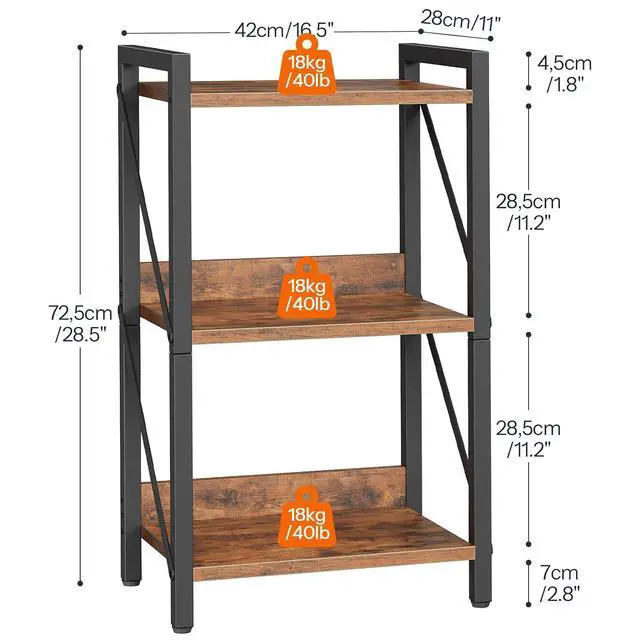 Alt view image 3 of 7 - Bookshelf, 3-Tier Industrial Bookcase, Book Shelf Storage Organizer, Small Bookshelf with Metal Frame for Living Room, Bedroom, Home Office, Kitchen, Rustic Brown and Black BF71SJ01