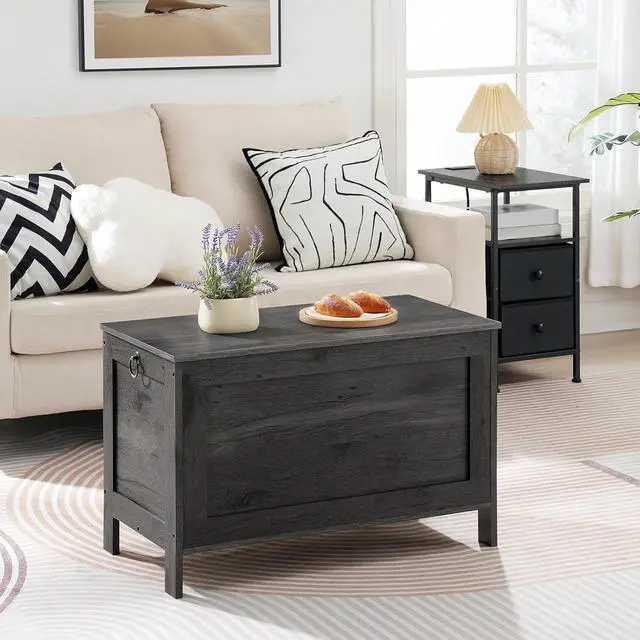 Alt view image 4 of 7 - Toy Box, Retro Wooden Look Storage Chest with Safety Hinge, Entryway Storage Bench Supports 220 lb, 29.9 x 15.7 x 18.9 Inches Toy Chest Organizer, Easy Assembly, Charcoal Black BC75CW01G1