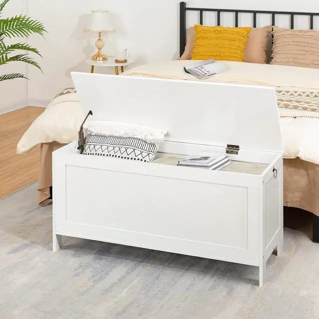 Alt view image 2 of 7 - Toy Box, Retro Wooden Look Storage Chest with Safety Hinge, Entryway Storage Bench Supports 220 lb, 39.4 x 15.7 x 18.9 Inches Toy Chest Organizer, Easy Assembly (White)