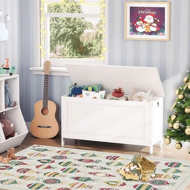 Alt view image 4 of 7 - Toy Box, Retro Wooden Look Storage Chest with Safety Hinge, Entryway Storage Bench Supports 220 lb, 39.4 x 15.7 x 18.9 Inches Toy Chest Organizer, Easy Assembly (White)