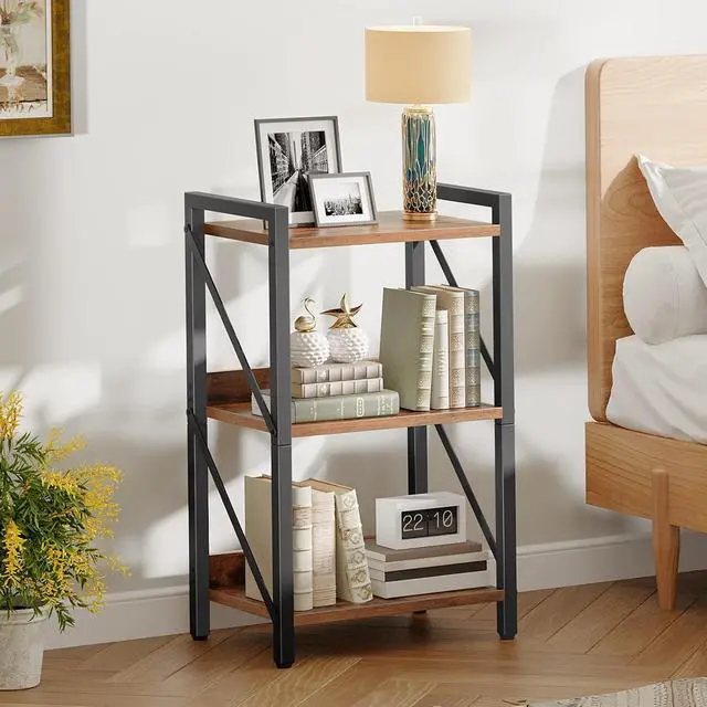Alt view image 5 of 7 - Bookshelf, 3-Tier Industrial Bookcase, Book Shelf Storage Organizer, Small Bookshelf with Metal Frame for Living Room, Bedroom, Home Office, Kitchen, Rustic Brown and Black BF71SJ01