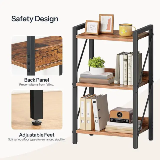 Alt view image 6 of 7 - Bookshelf, 3-Tier Industrial Bookcase, Book Shelf Storage Organizer, Small Bookshelf with Metal Frame for Living Room, Bedroom, Home Office, Kitchen, Rustic Brown and Black BF71SJ01