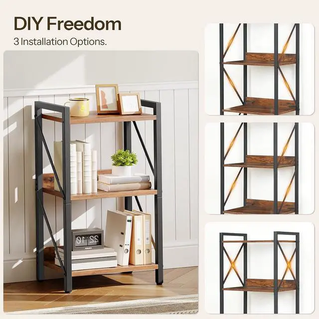 Alt view image 7 of 7 - Bookshelf, 3-Tier Industrial Bookcase, Book Shelf Storage Organizer, Small Bookshelf with Metal Frame for Living Room, Bedroom, Home Office, Kitchen, Rustic Brown and Black BF71SJ01
