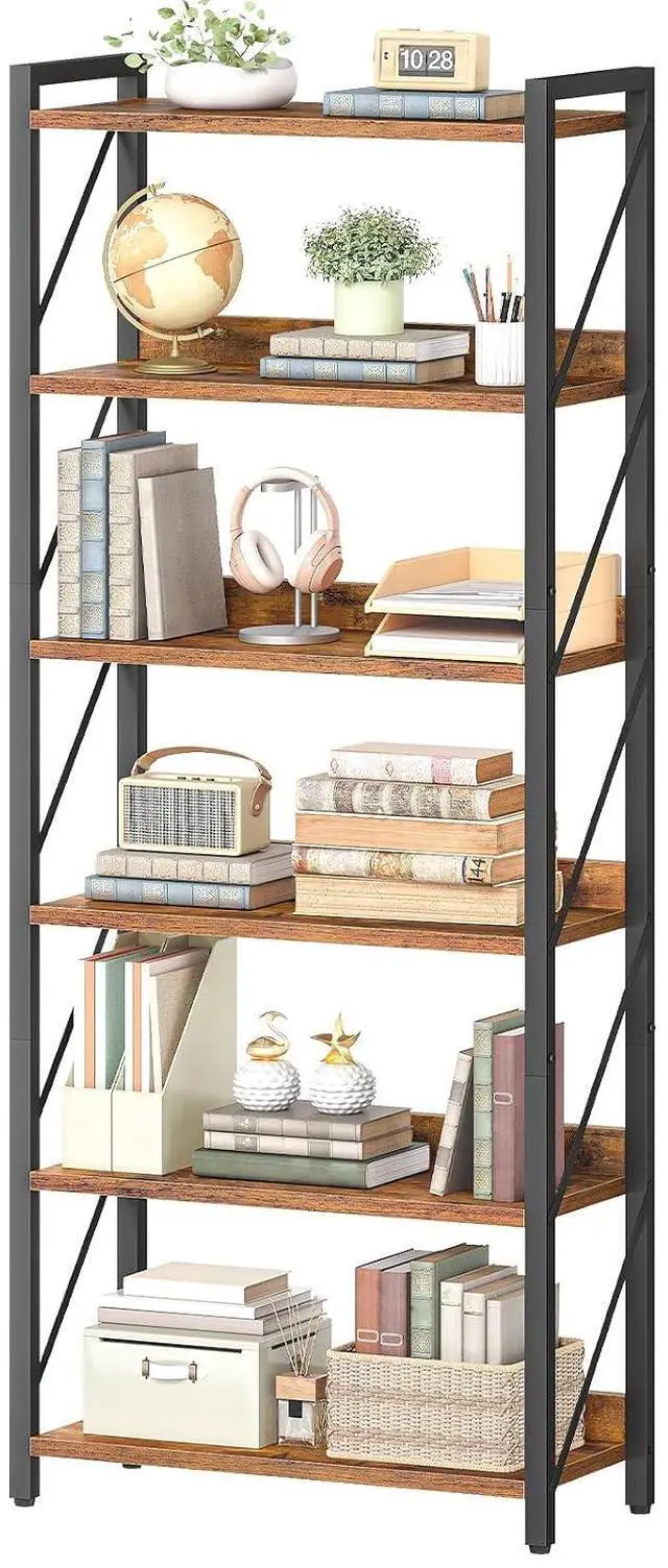 Main image of Bookshelf, 6-Tier Industrial Bookcase, Book Shelf Storage Organizer, Tall Bookshelf with Metal Frame for Living Room, Bedroom, Home Office, Kitchen, Rustic Brown and Black BF726SJ01