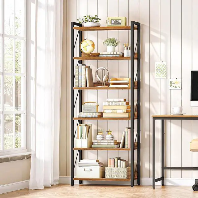 Alt view image 2 of 7 - Bookshelf, 6-Tier Industrial Bookcase, Book Shelf Storage Organizer, Tall Bookshelf with Metal Frame for Living Room, Bedroom, Home Office, Kitchen, Rustic Brown and Black BF726SJ01
