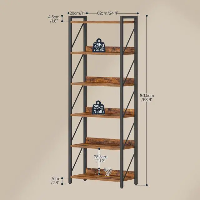 Alt view image 3 of 7 - Bookshelf, 6-Tier Industrial Bookcase, Book Shelf Storage Organizer, Tall Bookshelf with Metal Frame for Living Room, Bedroom, Home Office, Kitchen, Rustic Brown and Black BF726SJ01