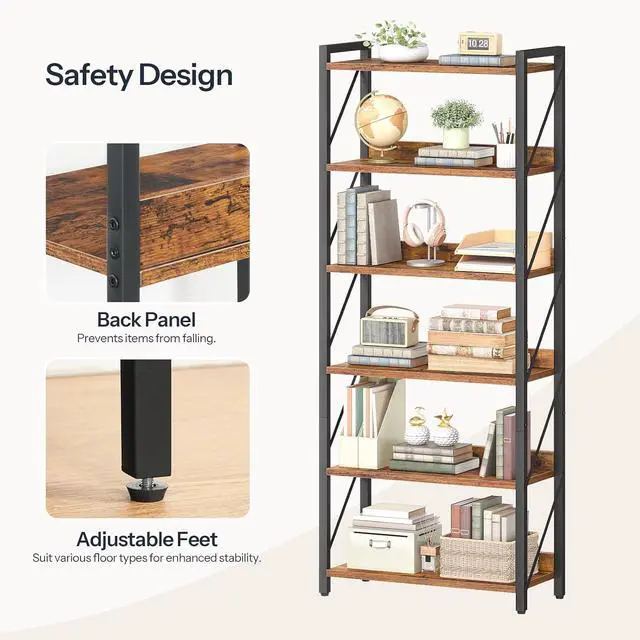 Alt view image 5 of 7 - Bookshelf, 6-Tier Industrial Bookcase, Book Shelf Storage Organizer, Tall Bookshelf with Metal Frame for Living Room, Bedroom, Home Office, Kitchen, Rustic Brown and Black BF726SJ01