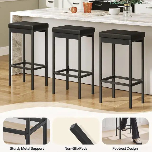 Alt view image 4 of 7 - Bar Stools, Set of 3 Modern Black Rectangular Bar Chairs, 24.8-Inch Height, 2" Thick Upholstered Seat with High-Density Sponge, for Kitchen, Dining Room, Cafe, Bar Counter, Black BB21BYP301