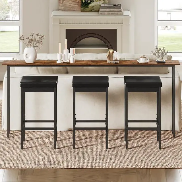 Alt view image 5 of 7 - Bar Stools, Set of 3 Modern Black Rectangular Bar Chairs, 24.8-Inch Height, 2" Thick Upholstered Seat with High-Density Sponge, for Kitchen, Dining Room, Cafe, Bar Counter, Black BB21BYP301