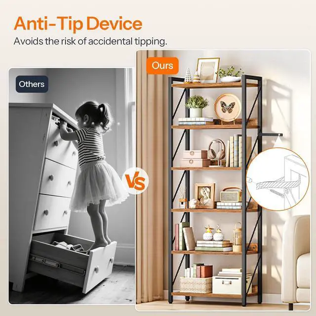 Alt view image 6 of 7 - Bookshelf, 6-Tier Industrial Bookcase, Book Shelf Storage Organizer, Tall Bookshelf with Metal Frame for Living Room, Bedroom, Home Office, Kitchen, Rustic Brown and Black BF726SJ01