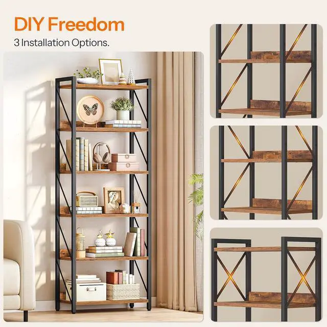 Alt view image 7 of 7 - Bookshelf, 6-Tier Industrial Bookcase, Book Shelf Storage Organizer, Tall Bookshelf with Metal Frame for Living Room, Bedroom, Home Office, Kitchen, Rustic Brown and Black BF726SJ01