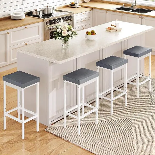 Alt view image 2 of 7 - Bar Stools, 24.8-Inch Height Stools, Breakfast Bar Stools, Kitchen Bar Chairs, 2" Thick Upholstery, for Kitchen, Dining Room, Cafe, Bar Counter, White and Gray WG21BY01
