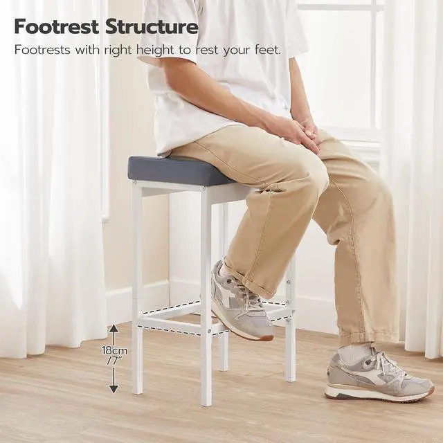 Alt view image 5 of 7 - Bar Stools, 24.8-Inch Height Stools, Breakfast Bar Stools, Kitchen Bar Chairs, 2" Thick Upholstery, for Kitchen, Dining Room, Cafe, Bar Counter, White and Gray WG21BY01