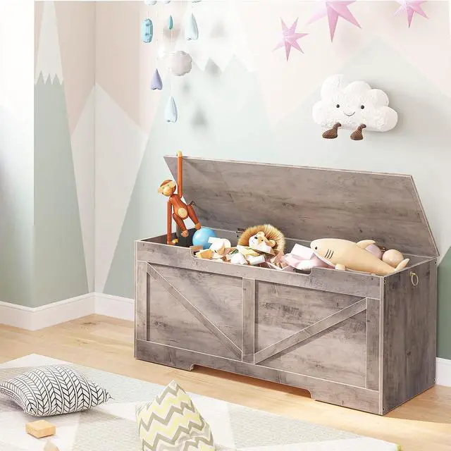 Alt view image 2 of 7 - Storage Bench, 43.3 Retro Wooden Storage Chest with U-Shaped Cut-Out Pull, Safety Hinge, Supports 220 lb and Easy Assembly for Toy Box Organizer (Greige) BG772CW01