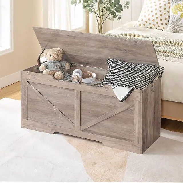 Alt view image 3 of 7 - Storage Bench, 43.3 Retro Wooden Storage Chest with U-Shaped Cut-Out Pull, Safety Hinge, Supports 220 lb and Easy Assembly for Toy Box Organizer (Greige) BG772CW01