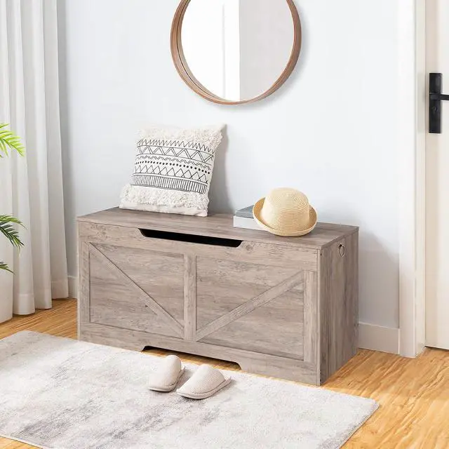 Alt view image 5 of 7 - Storage Bench, 43.3 Retro Wooden Storage Chest with U-Shaped Cut-Out Pull, Safety Hinge, Supports 220 lb and Easy Assembly for Toy Box Organizer (Greige) BG772CW01