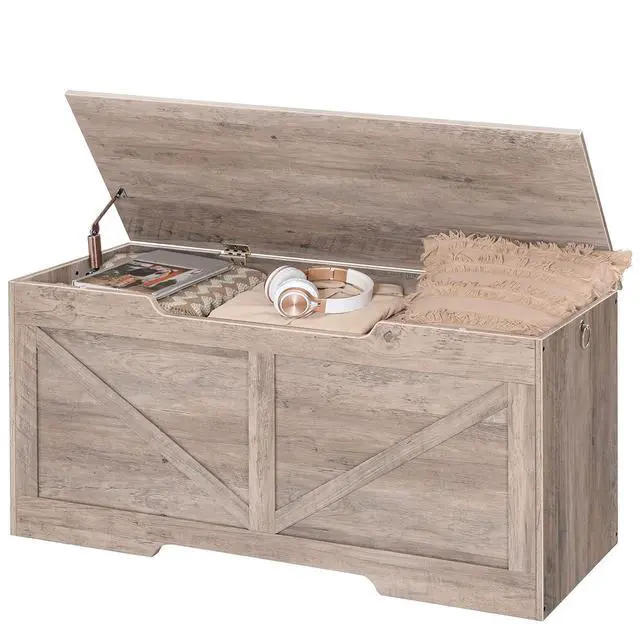 Alt view image 7 of 7 - Storage Bench, 43.3 Retro Wooden Storage Chest with U-Shaped Cut-Out Pull, Safety Hinge, Supports 220 lb and Easy Assembly for Toy Box Organizer (Greige) BG772CW01