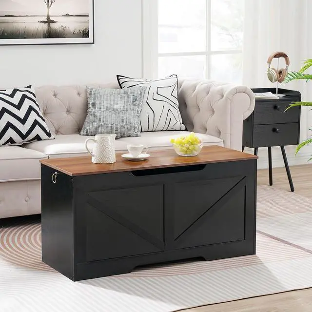 Alt view image 2 of 7 - Storage Bench, 39.4" Retro Wooden Storage Chest with U-Shaped Cut-Out Pull, Safety Hinge, Supports 220 lb and Easy Assembly for Toy Box Organizer (Black and Walnut) BH771CW01