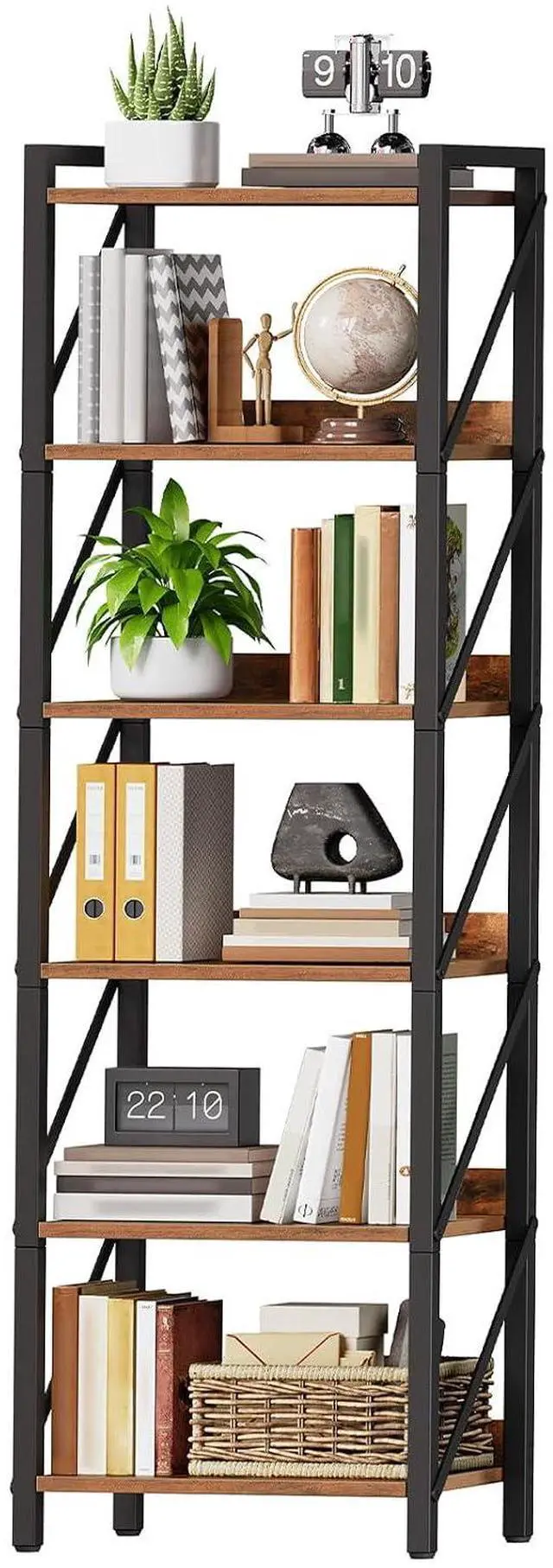 Main image of Bookshelf, 6-Tier Industrial Bookcase, Book Shelf Storage Organizer, Tall Bookshelf with Metal Frame for Living Room, Bedroom, Home Office, Kitchen, Rustic Brown and Black BF72SJ01