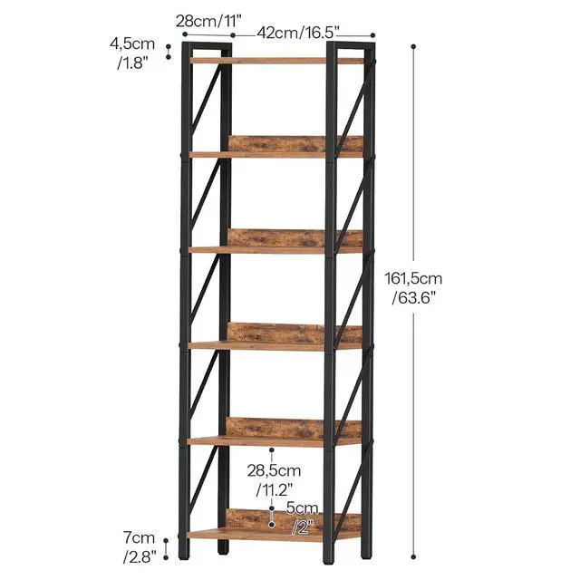Alt view image 3 of 7 - Bookshelf, 6-Tier Industrial Bookcase, Book Shelf Storage Organizer, Tall Bookshelf with Metal Frame for Living Room, Bedroom, Home Office, Kitchen, Rustic Brown and Black BF72SJ01