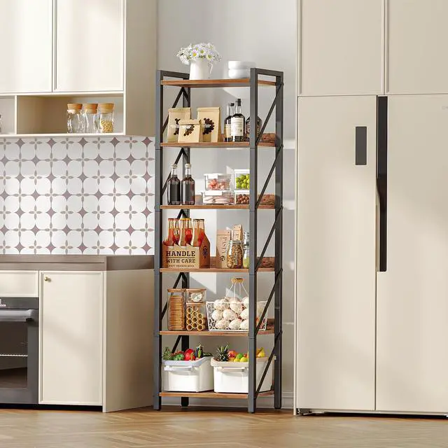 Alt view image 4 of 7 - Bookshelf, 6-Tier Industrial Bookcase, Book Shelf Storage Organizer, Tall Bookshelf with Metal Frame for Living Room, Bedroom, Home Office, Kitchen, Rustic Brown and Black BF72SJ01