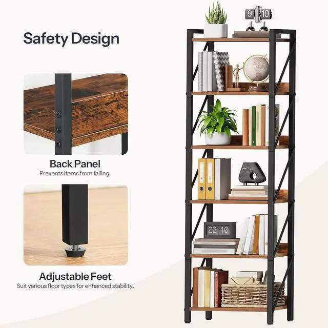 Alt view image 5 of 7 - Bookshelf, 6-Tier Industrial Bookcase, Book Shelf Storage Organizer, Tall Bookshelf with Metal Frame for Living Room, Bedroom, Home Office, Kitchen, Rustic Brown and Black BF72SJ01