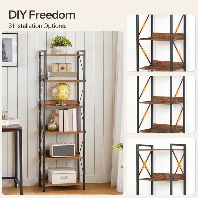 Alt view image 7 of 7 - Bookshelf, 6-Tier Industrial Bookcase, Book Shelf Storage Organizer, Tall Bookshelf with Metal Frame for Living Room, Bedroom, Home Office, Kitchen, Rustic Brown and Black BF72SJ01