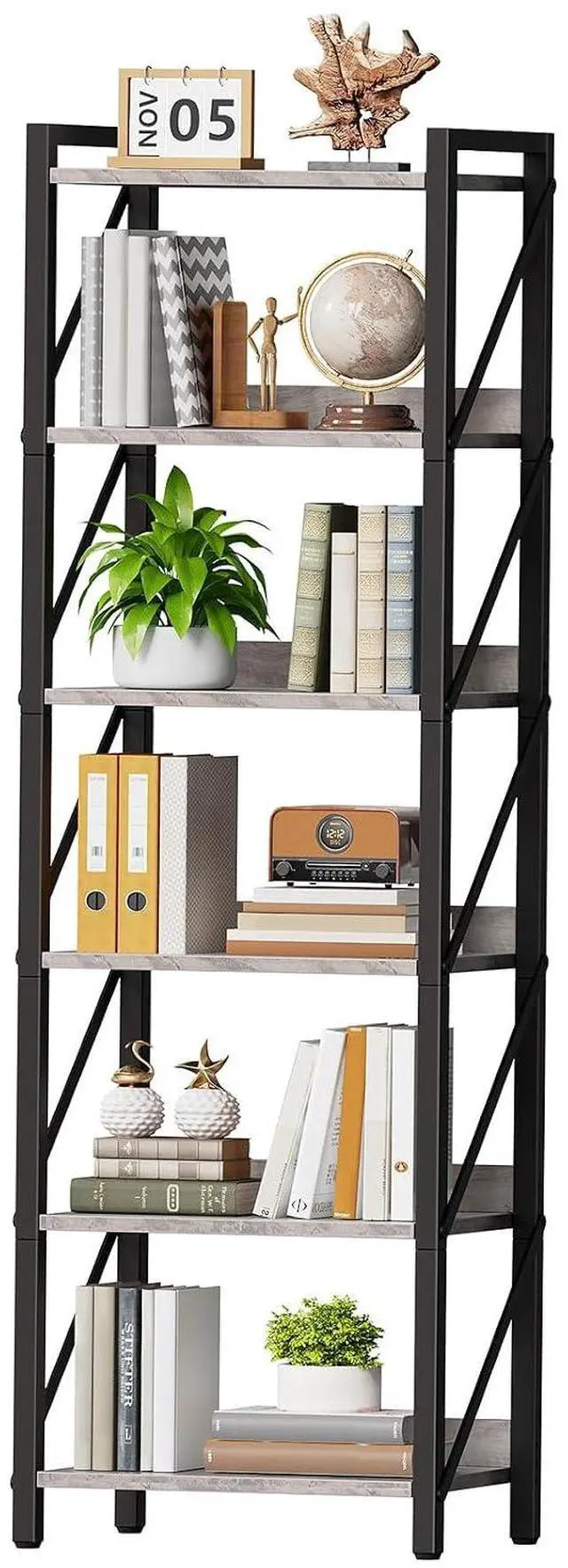 Main image of Bookshelf, 6-Tier Industrial Bookcase, Book Shelf Storage Organizer, Tall Bookshelf with Metal Frame for Living Room, Bedroom, Home Office, Kitchen, Greige and Black BG72SJ01