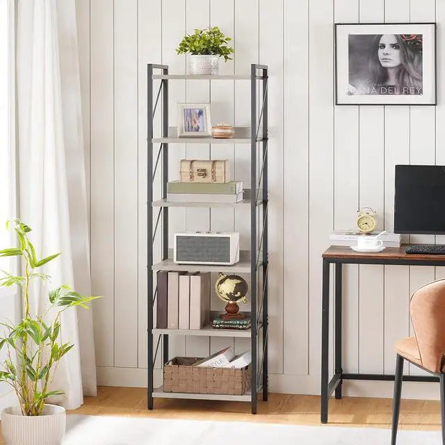 Alt view image 2 of 7 - Bookshelf, 6-Tier Industrial Bookcase, Book Shelf Storage Organizer, Tall Bookshelf with Metal Frame for Living Room, Bedroom, Home Office, Kitchen, Greige and Black BG72SJ01