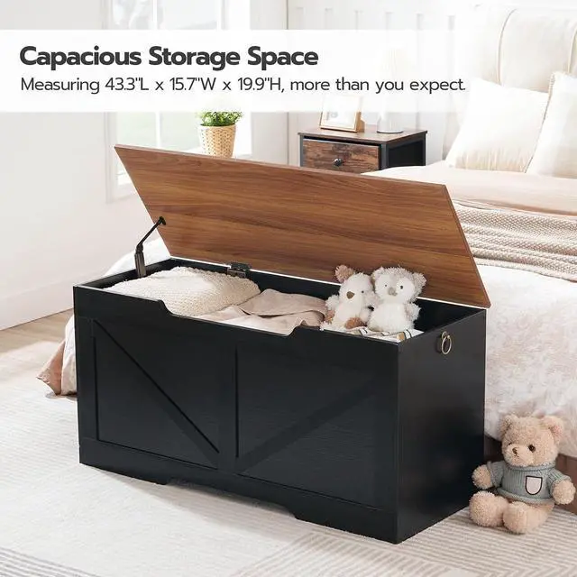 Alt view image 3 of 7 - Storage Bench, 39.4" Retro Wooden Storage Chest with U-Shaped Cut-Out Pull, Safety Hinge, Supports 220 lb and Easy Assembly for Toy Box Organizer (Black and Walnut) BH771CW01