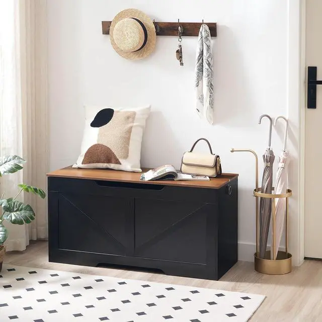 Alt view image 5 of 7 - Storage Bench, 39.4" Retro Wooden Storage Chest with U-Shaped Cut-Out Pull, Safety Hinge, Supports 220 lb and Easy Assembly for Toy Box Organizer (Black and Walnut) BH771CW01