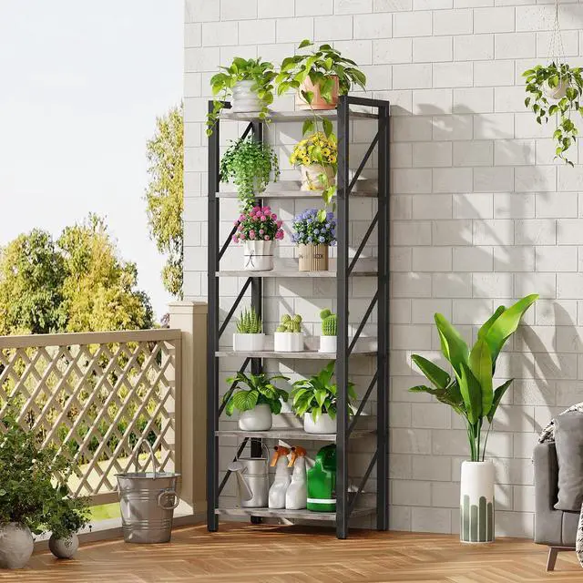 Alt view image 4 of 7 - Bookshelf, 6-Tier Industrial Bookcase, Book Shelf Storage Organizer, Tall Bookshelf with Metal Frame for Living Room, Bedroom, Home Office, Kitchen, Greige and Black BG72SJ01