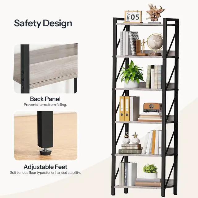 Alt view image 6 of 7 - Bookshelf, 6-Tier Industrial Bookcase, Book Shelf Storage Organizer, Tall Bookshelf with Metal Frame for Living Room, Bedroom, Home Office, Kitchen, Greige and Black BG72SJ01