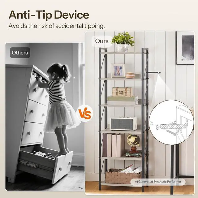 Alt view image 7 of 7 - Bookshelf, 6-Tier Industrial Bookcase, Book Shelf Storage Organizer, Tall Bookshelf with Metal Frame for Living Room, Bedroom, Home Office, Kitchen, Greige and Black BG72SJ01