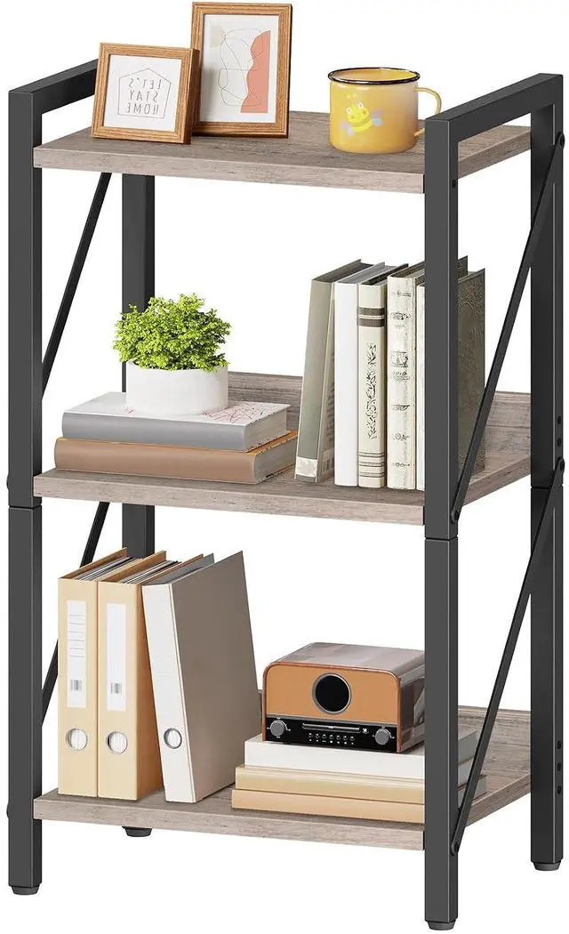 Main image of Bookshelf, 3-Tier Industrial Bookcase, Book Shelf Storage Organizer, Small Bookshelf with Metal Frame for Living Room, Bedroom, Home Office, Kitchen, Greige and Black BG71SJ01