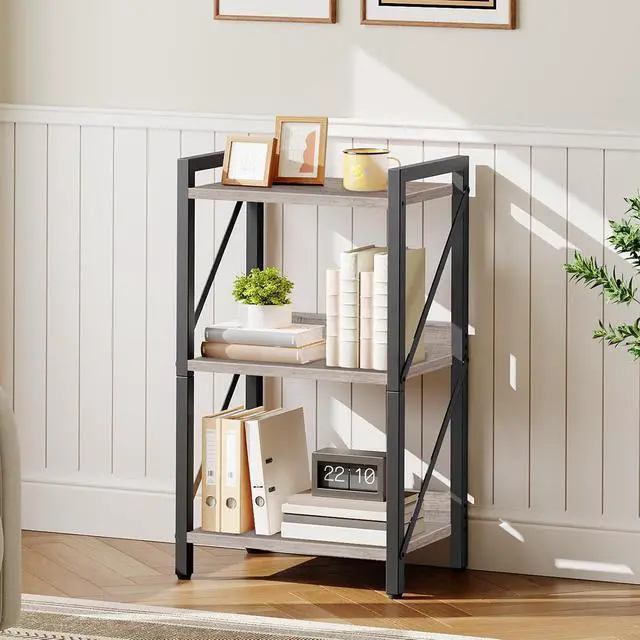 Alt view image 2 of 7 - Bookshelf, 3-Tier Industrial Bookcase, Book Shelf Storage Organizer, Small Bookshelf with Metal Frame for Living Room, Bedroom, Home Office, Kitchen, Greige and Black BG71SJ01