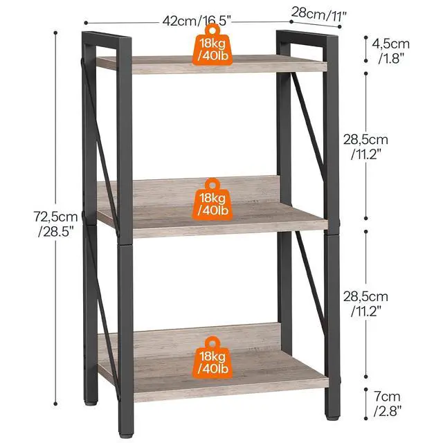 Alt view image 3 of 7 - Bookshelf, 3-Tier Industrial Bookcase, Book Shelf Storage Organizer, Small Bookshelf with Metal Frame for Living Room, Bedroom, Home Office, Kitchen, Greige and Black BG71SJ01