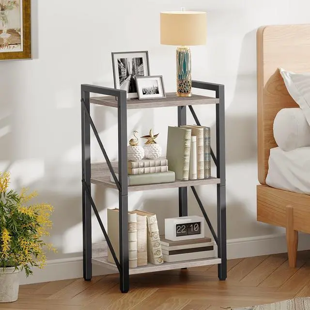 Alt view image 5 of 7 - Bookshelf, 3-Tier Industrial Bookcase, Book Shelf Storage Organizer, Small Bookshelf with Metal Frame for Living Room, Bedroom, Home Office, Kitchen, Greige and Black BG71SJ01