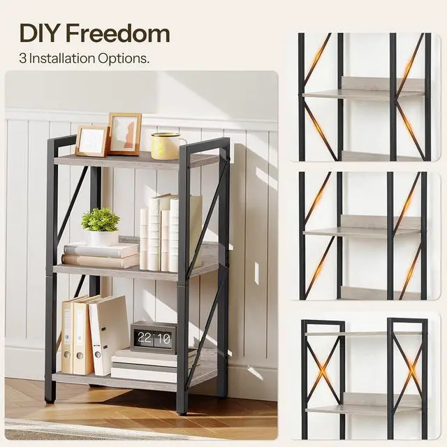 Alt view image 7 of 7 - Bookshelf, 3-Tier Industrial Bookcase, Book Shelf Storage Organizer, Small Bookshelf with Metal Frame for Living Room, Bedroom, Home Office, Kitchen, Greige and Black BG71SJ01