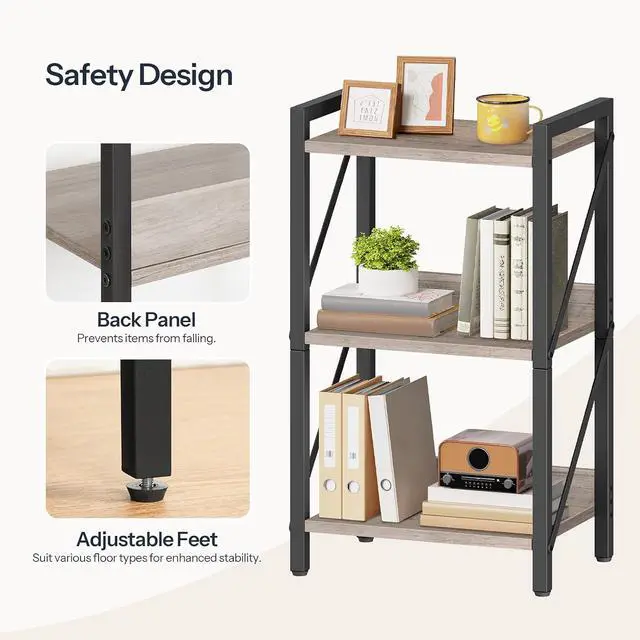 Alt view image 6 of 7 - Bookshelf, 3-Tier Industrial Bookcase, Book Shelf Storage Organizer, Small Bookshelf with Metal Frame for Living Room, Bedroom, Home Office, Kitchen, Greige and Black BG71SJ01