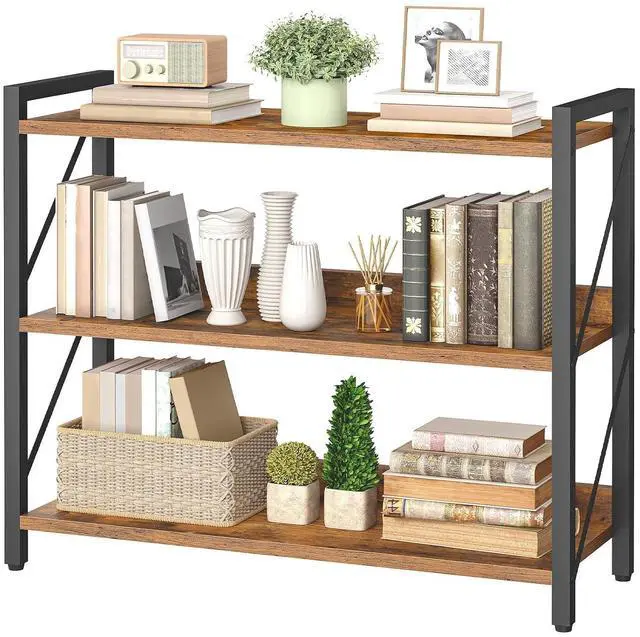 Main image of Bookshelf, 3-Tier Industrial Bookcase, Book Shelf Storage Organizer, Bookshelf with Metal Frame for Living Room, Bedroom, Home Office, Kitchen, Rustic Brown and Black BF718SJ01