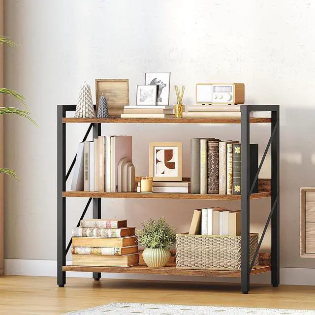 Alt view image 2 of 7 - Bookshelf, 3-Tier Industrial Bookcase, Book Shelf Storage Organizer, Bookshelf with Metal Frame for Living Room, Bedroom, Home Office, Kitchen, Rustic Brown and Black BF718SJ01