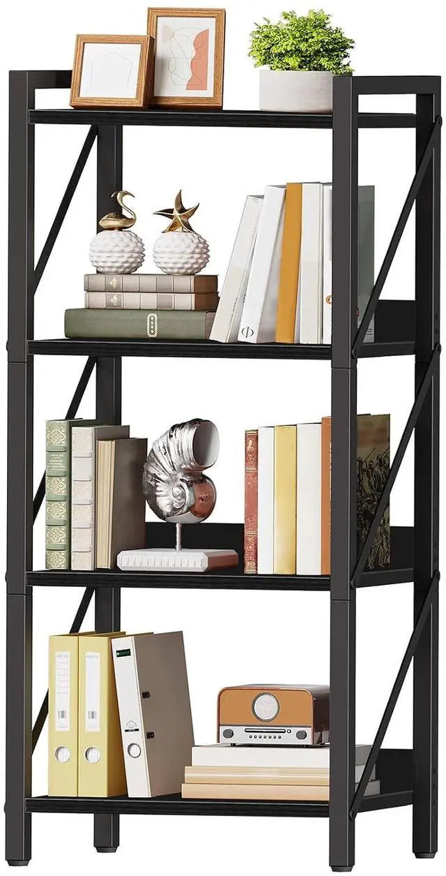 Main image of Bookshelf, 4-Tier Industrial Bookcase, Book Shelf Storage Organizer, Small Bookshelf with Metal Frame for Living Room, Bedroom, Home Office, Kitchen, Black BB40SJ01