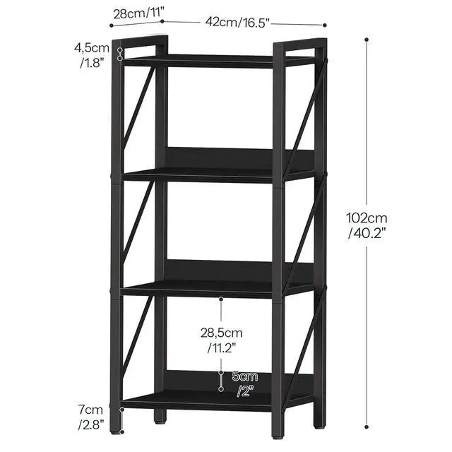 Alt view image 3 of 7 - Bookshelf, 4-Tier Industrial Bookcase, Book Shelf Storage Organizer, Small Bookshelf with Metal Frame for Living Room, Bedroom, Home Office, Kitchen, Black BB40SJ01