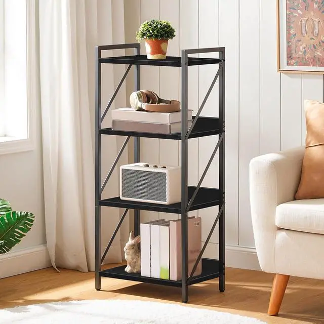 Alt view image 5 of 7 - Bookshelf, 4-Tier Industrial Bookcase, Book Shelf Storage Organizer, Small Bookshelf with Metal Frame for Living Room, Bedroom, Home Office, Kitchen, Black BB40SJ01