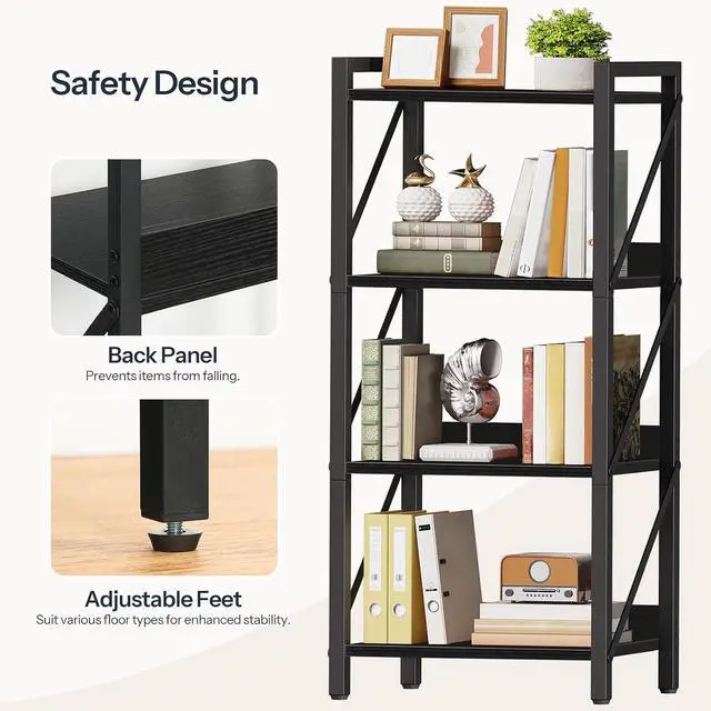 Alt view image 6 of 7 - Bookshelf, 4-Tier Industrial Bookcase, Book Shelf Storage Organizer, Small Bookshelf with Metal Frame for Living Room, Bedroom, Home Office, Kitchen, Black BB40SJ01